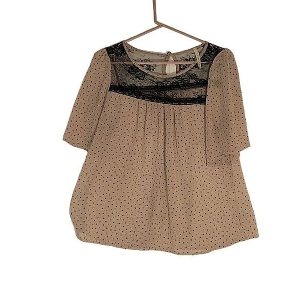 Paper Crane Polka‎ Dot Blouse Tan Black Lace Yoke Short Sleeve Top JT3744 Small